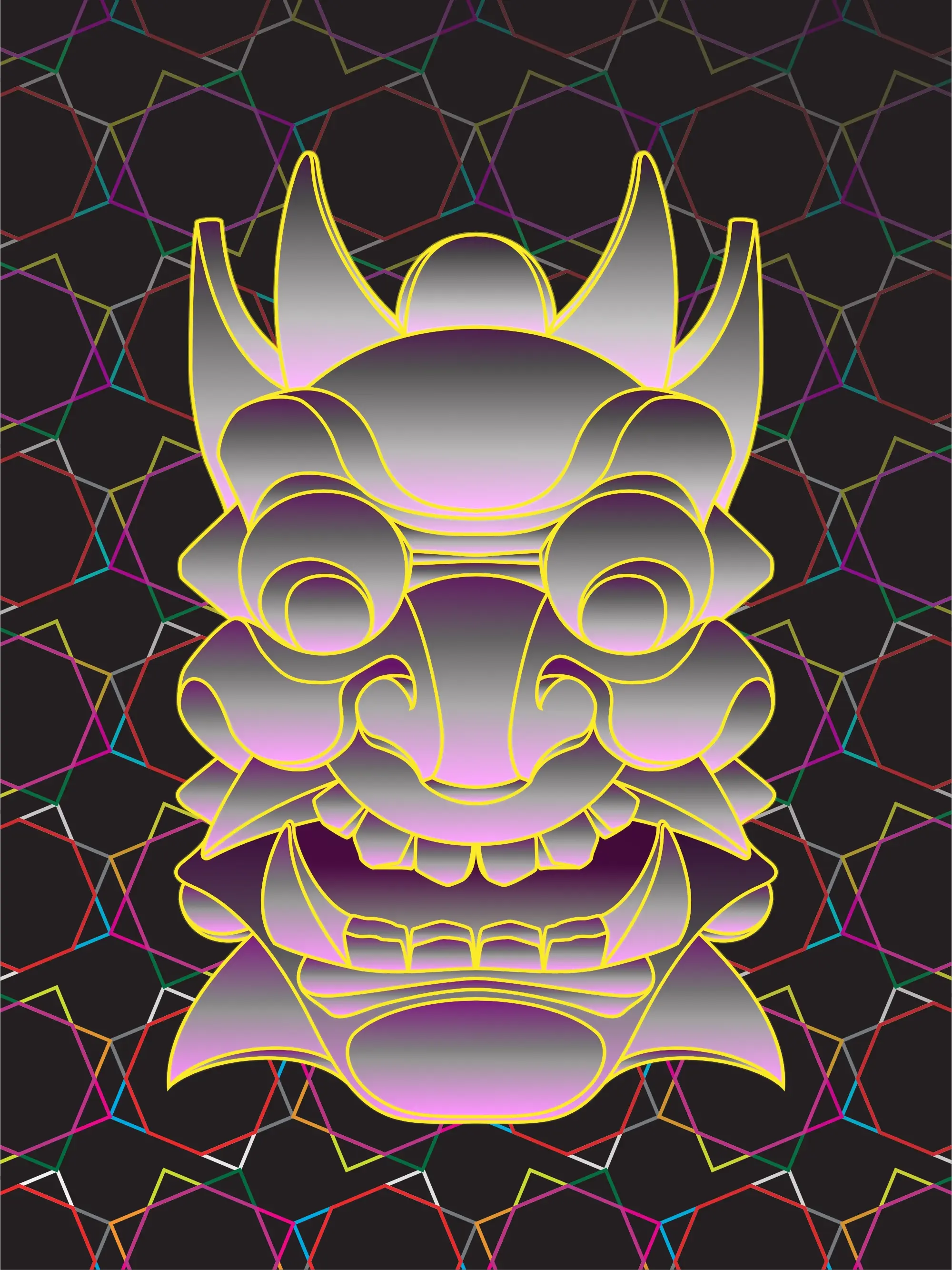 An Oni Daikijin mask over geometric background - the dark version