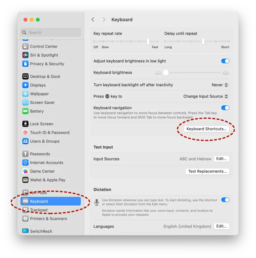 The Keyboard pane on the System Settings, showing the Keyboard Shortcuts… button