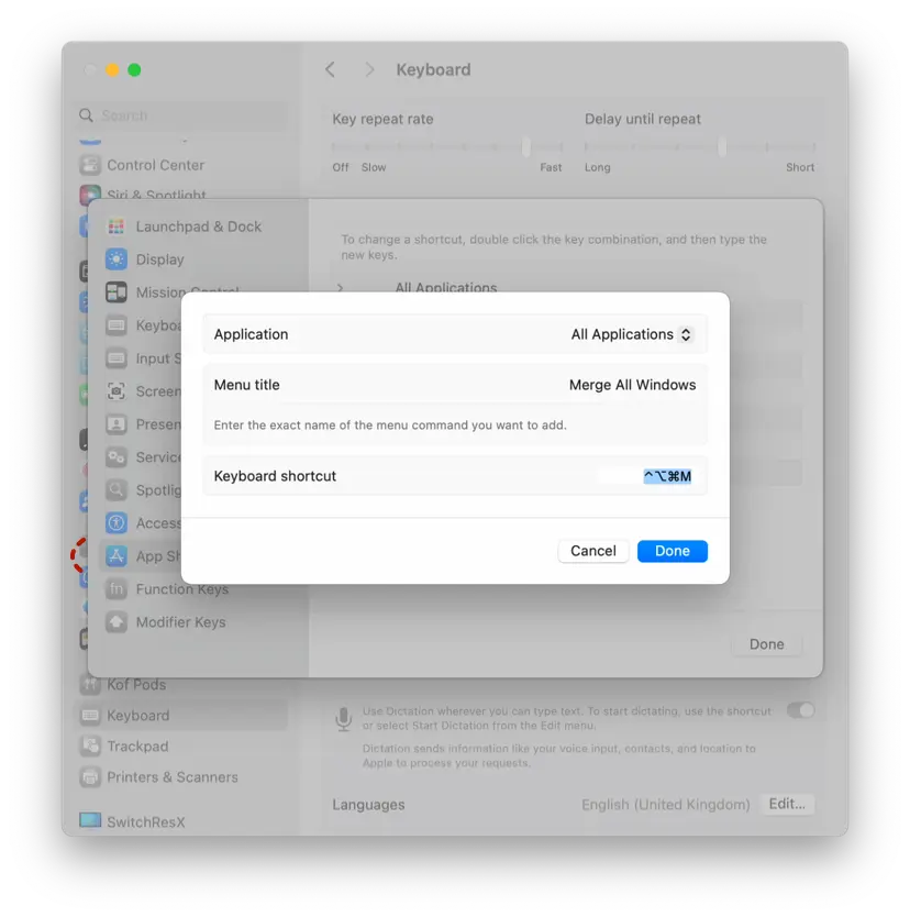 macOS Keyboard Shortcut Manager