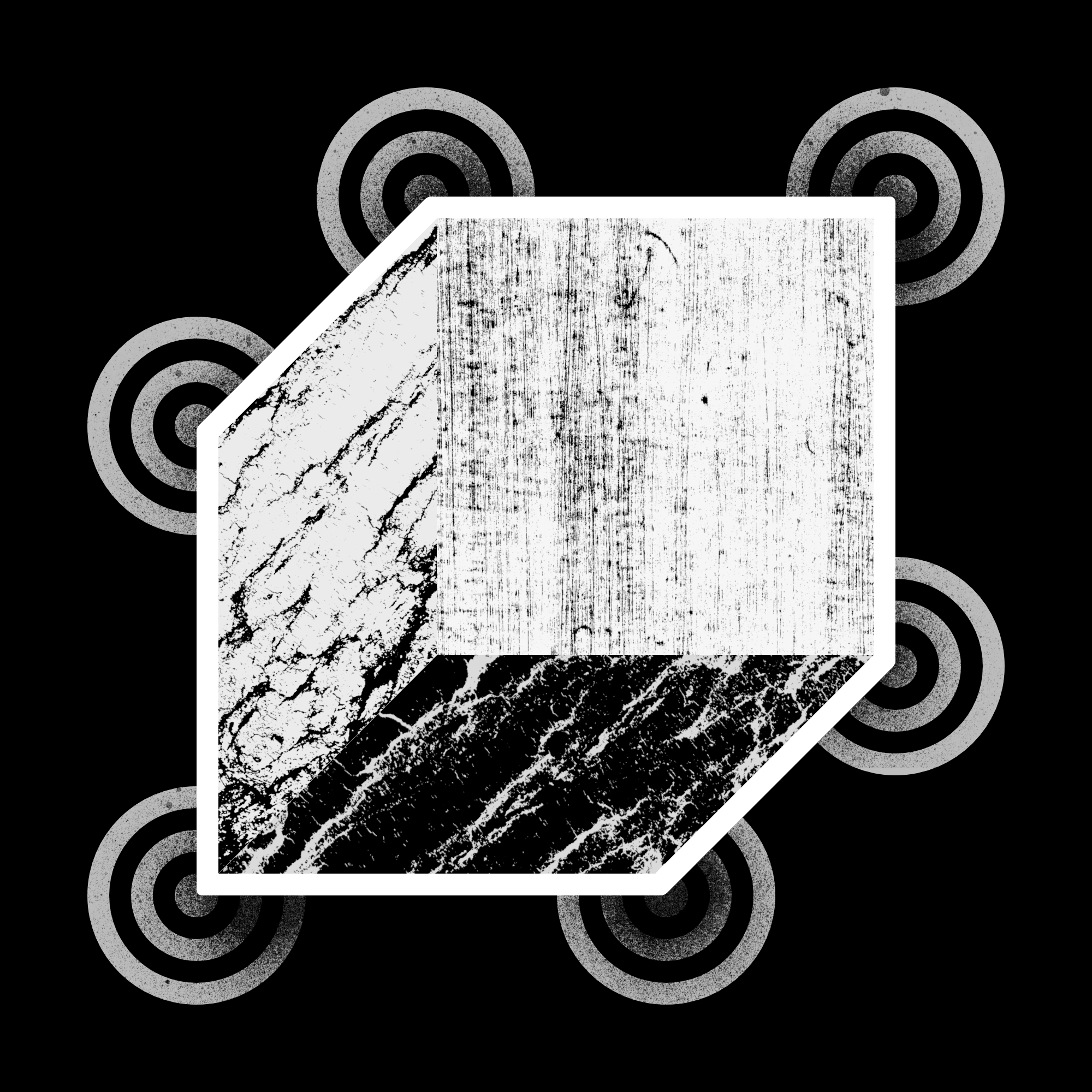 A black and white woodblock with a surrounding pattern of circles