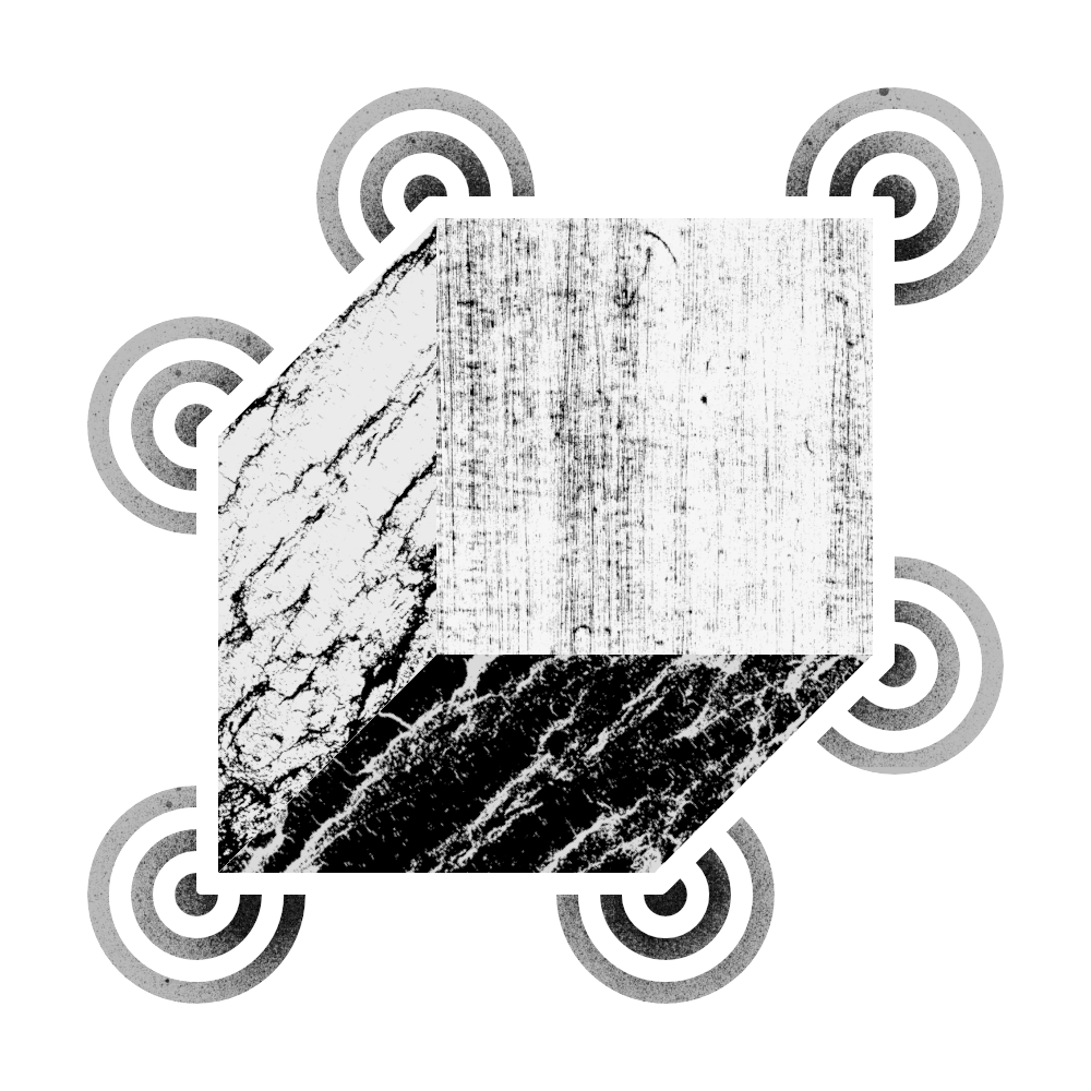 A black and white woodblock with a surrounding pattern of circles