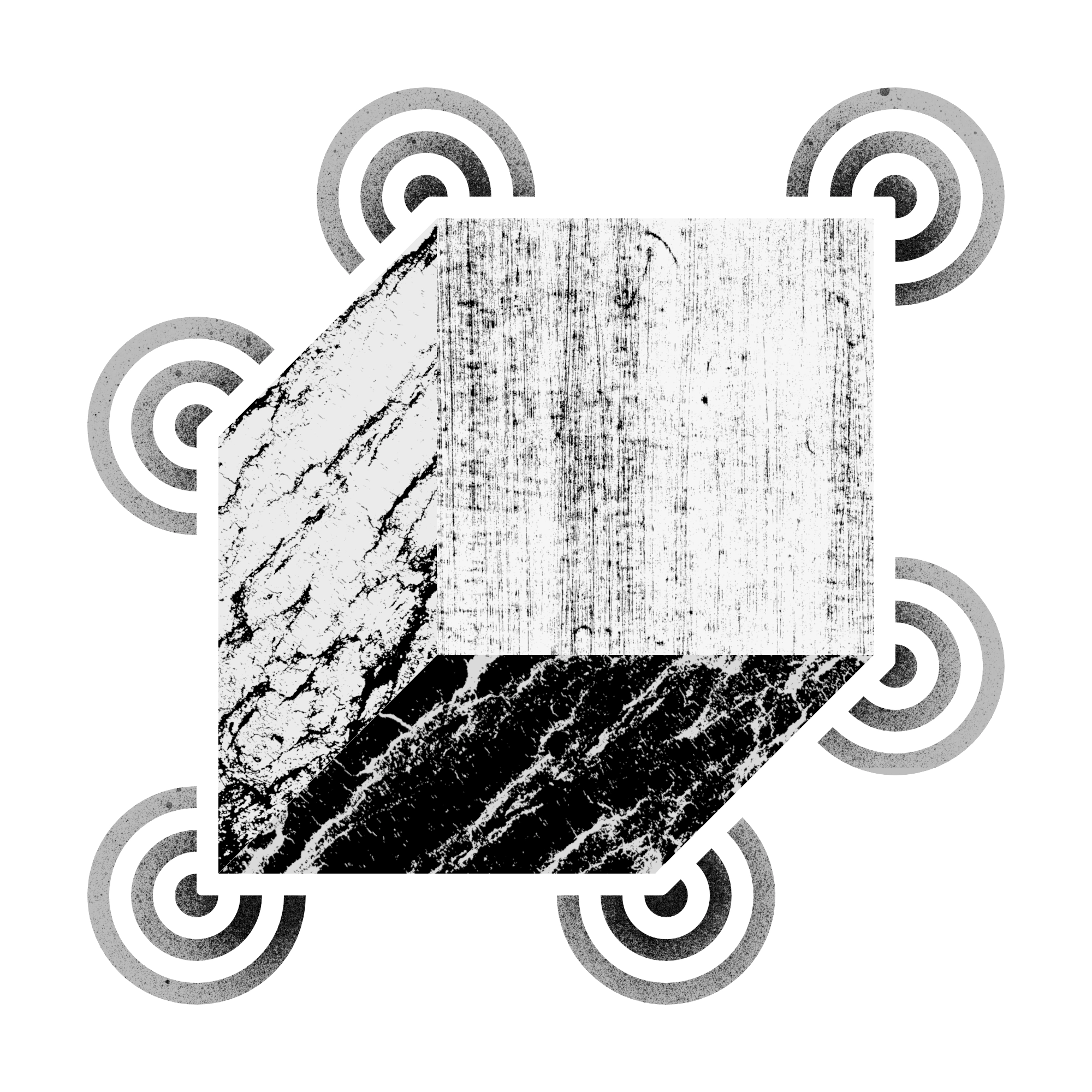 A black and white woodblock with a surrounding pattern of circles