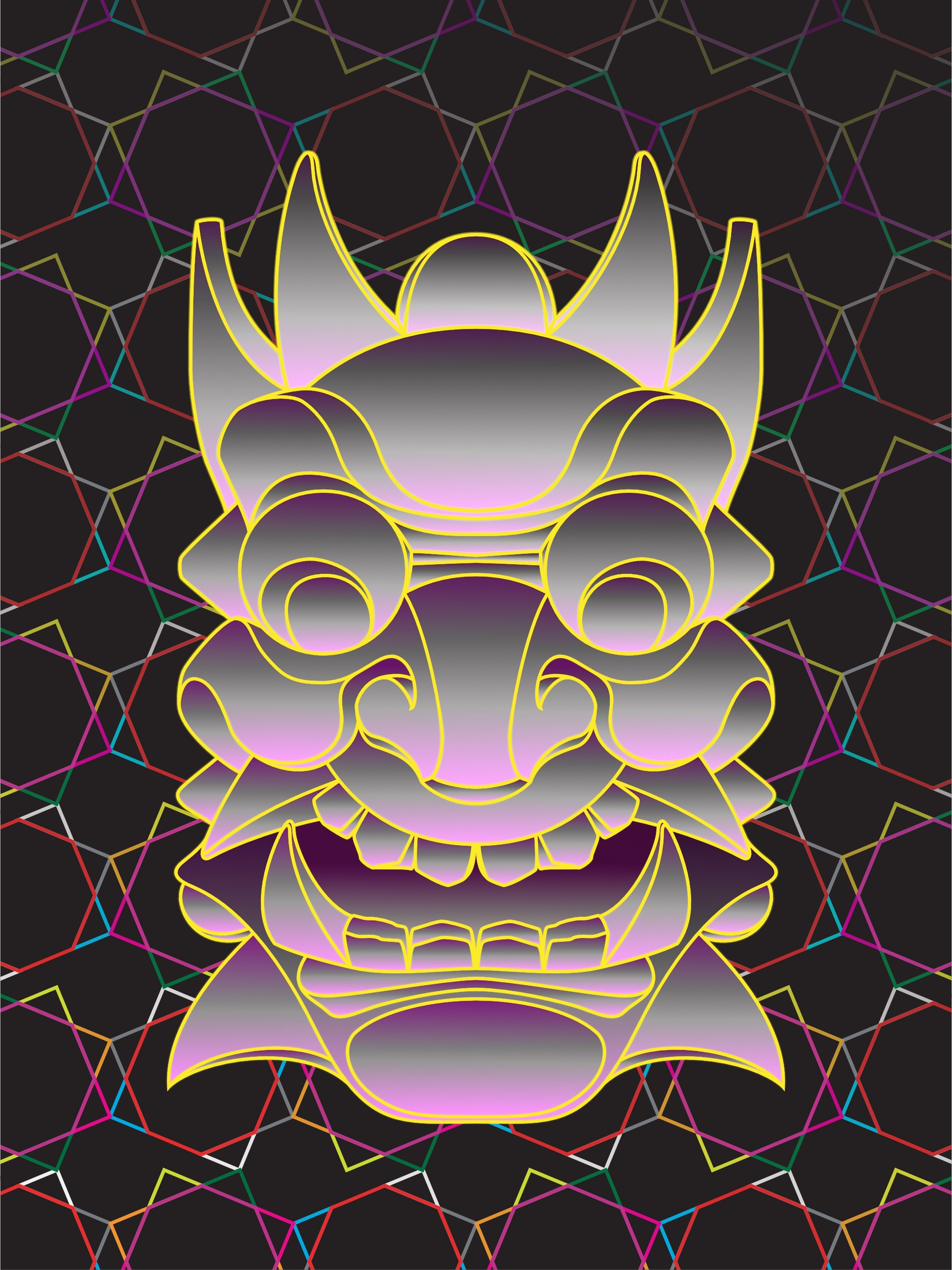 An Oni Daikijin mask over geometric background - the dark version