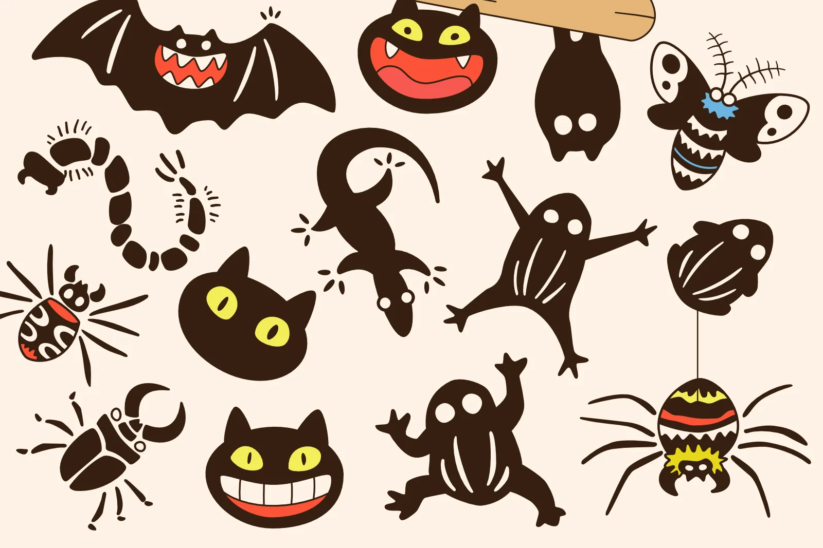 A collection of whimsical, cartoonish creatures including a bat, lizard, centipede, butterfly, spider, beetle, frog, and several playful black cat faces with yellow eyes and wide grins.
